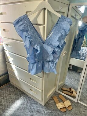 Chambray Smocked V-Neck Flutter Ruffle Sleeve Butterfly Hydrangea Blue Blouse✨